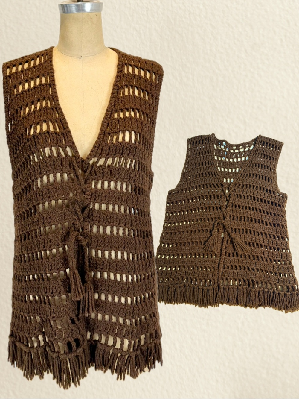 VINTAGE 70s crochet sweater vest cardigan tie‎ front fringe earthy brown boho
